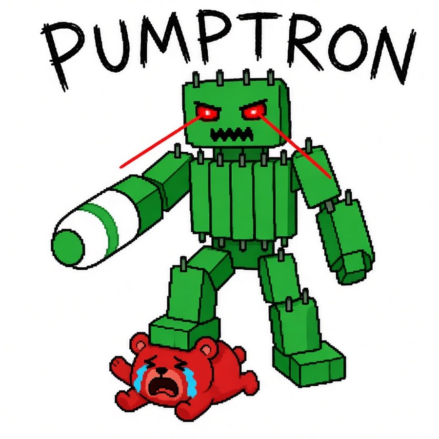 Crude MS Paint drawing: a blocky green robot with laser eyes and a pill cannon standing on a crying red bear